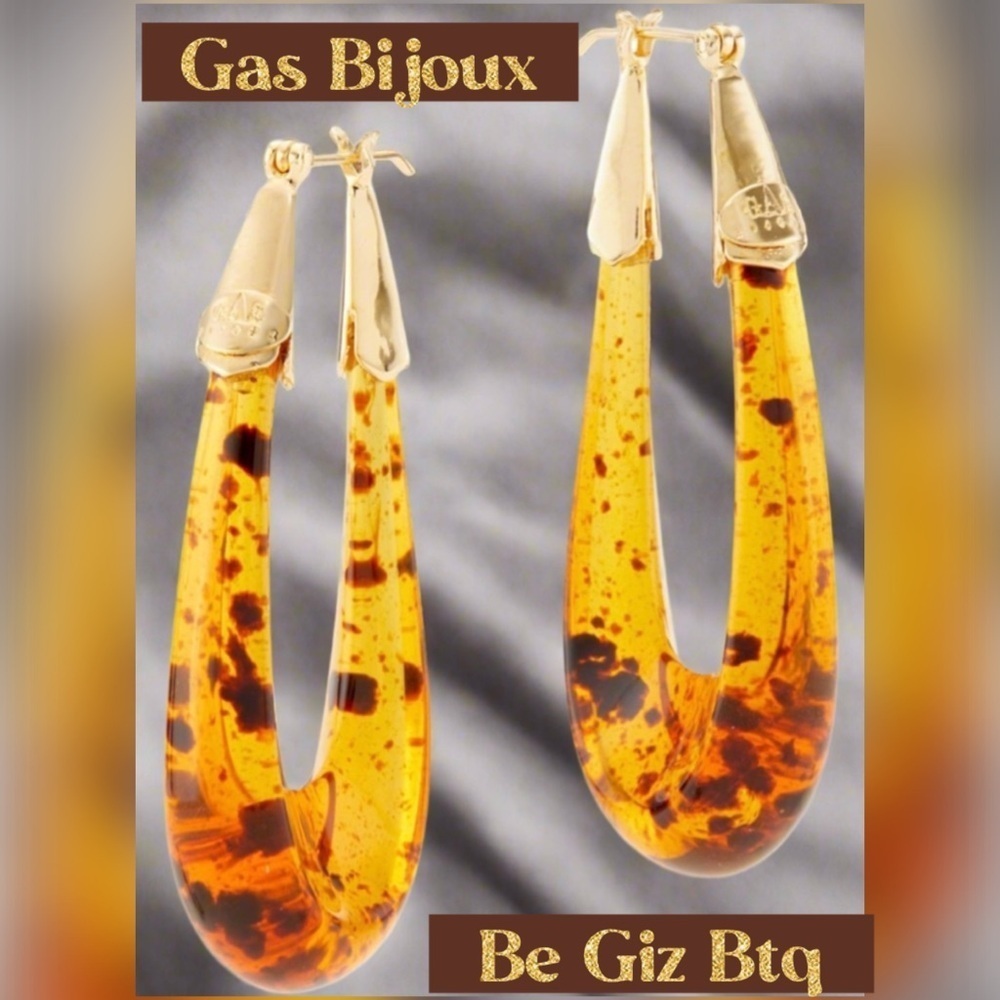 Authentic Gas Bijoux Ecume24K Gold Plated & Acetate Elongated Gold Hoop Earrings